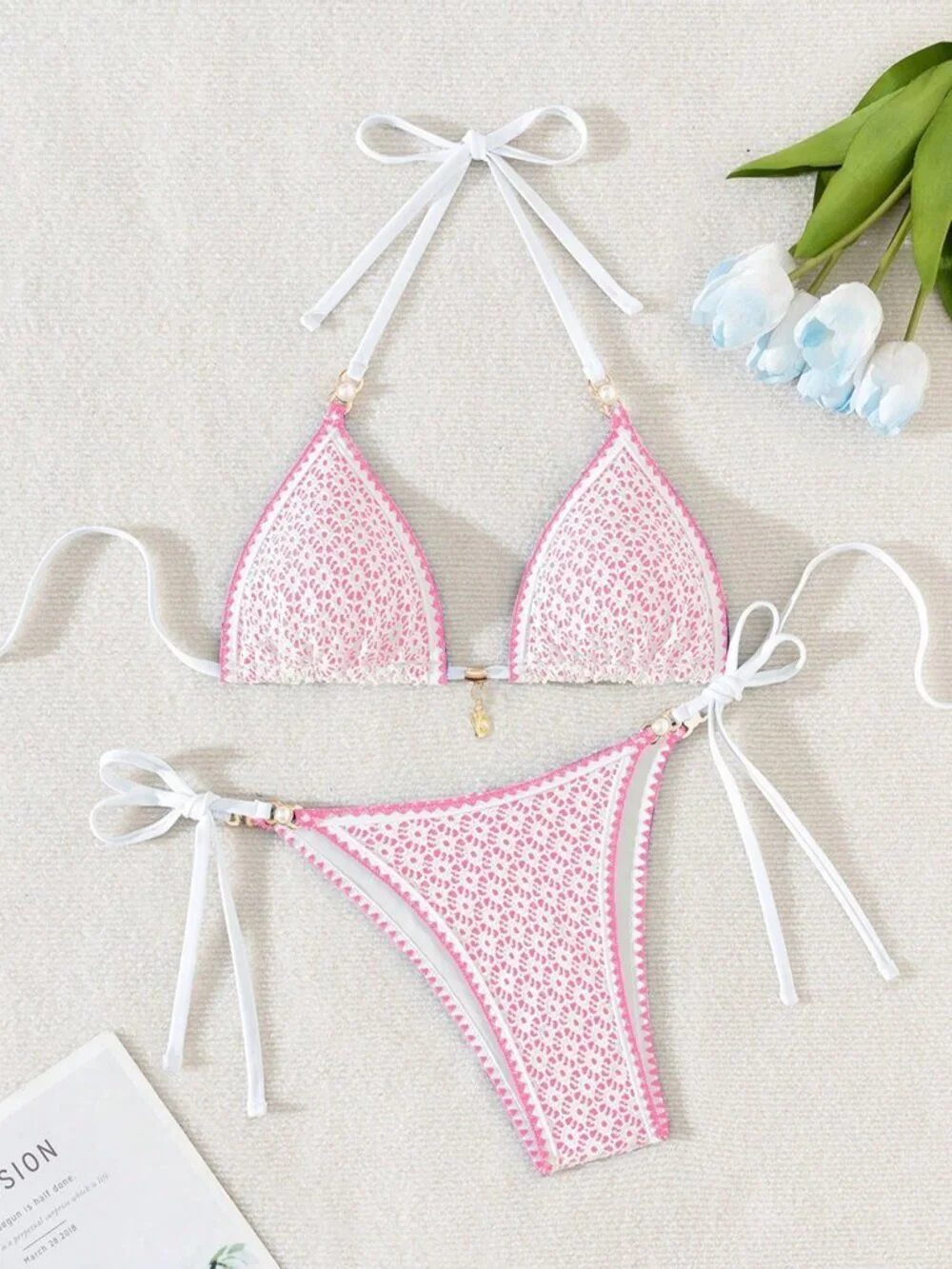 Pink Women's Hollow Out Shell & Pearl Decor Sexy Triangle bikini